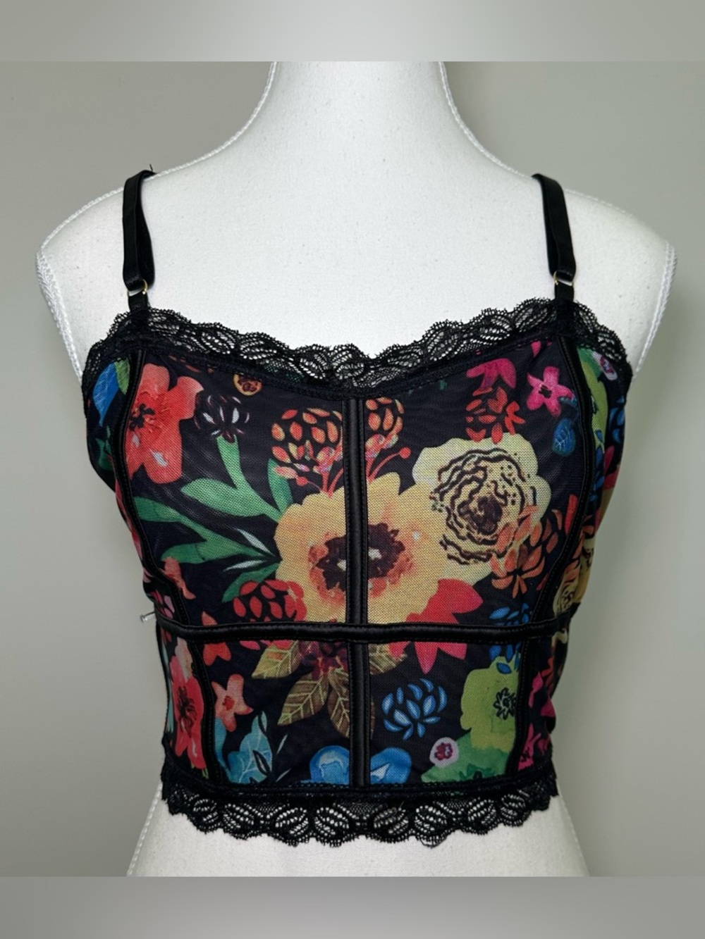 GORGLITTER Black Multicolor Floral Mesh Lace Corset Bralette Bustier Plus Size